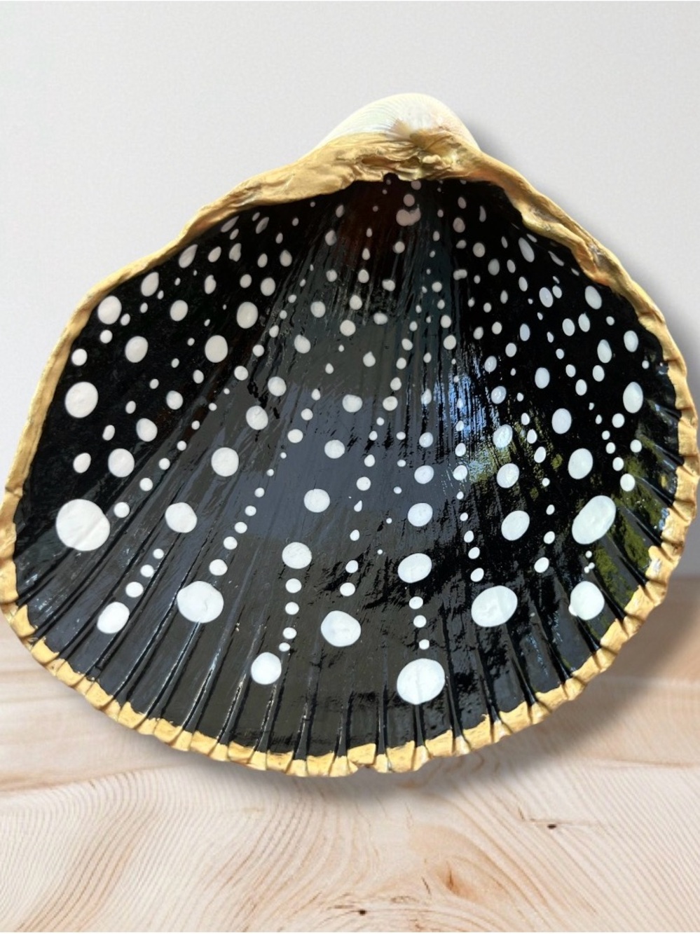 Hand-Painted Black and Gold Polka Dot Decorative Shell Bowl